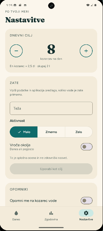 Zaslon Nastavitve: dnevni cilj, predlog po teži in aktivnosti, opomniki